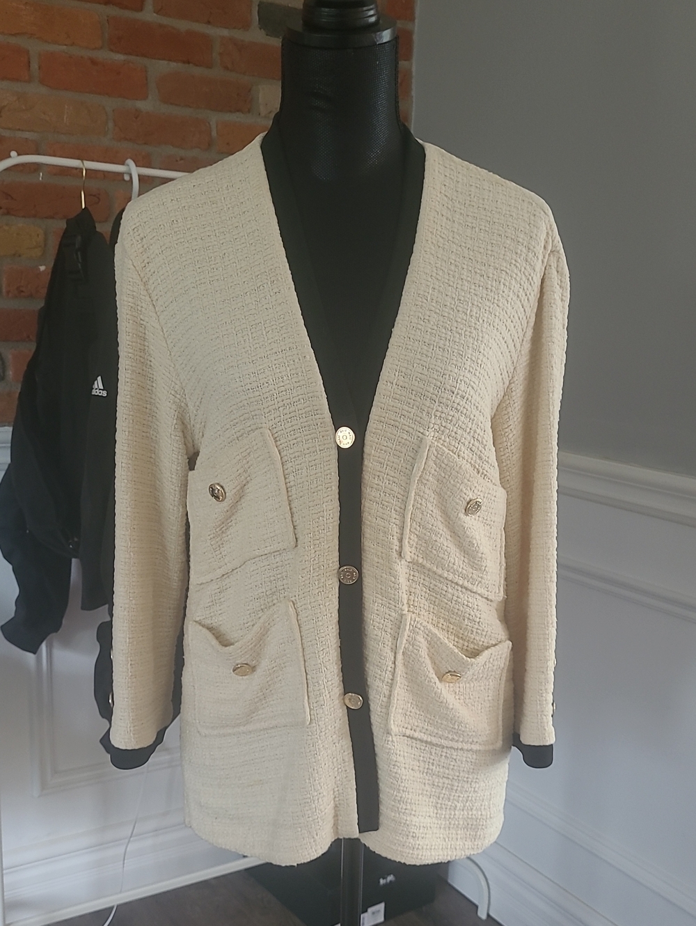 Maje Cream Gold Button Cardigan with Patch Pockets